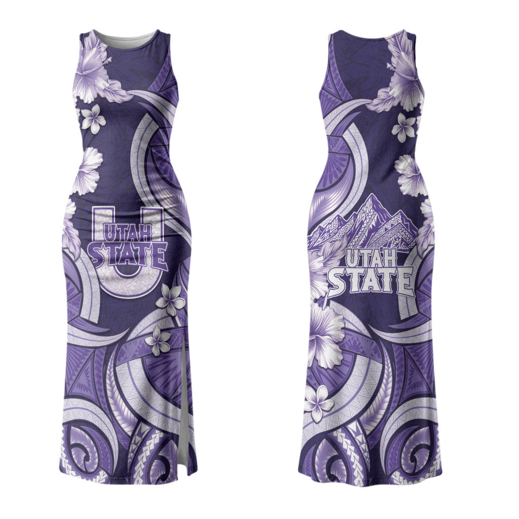 Utah State Polynesian Heritage Family Matching Tank Maxi Dress and Hawaiian Shirt Floral Tribal Pattern Tropical Flowers LT05 Mom's Dress Purple - Polynesian Pride