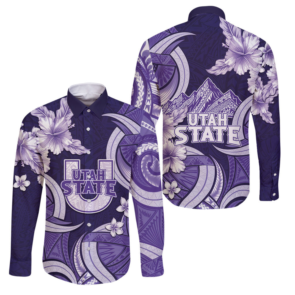 Utah State Polynesian Heritage Family Matching Tank Maxi Dress and Hawaiian Shirt Floral Tribal Pattern Tropical Flowers LT05 Dad's Shirt - Long Sleeve Purple - Polynesian Pride