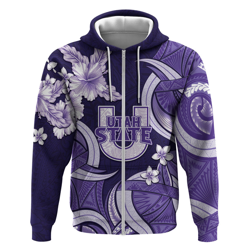 Utah State Polynesian Heritage Hoodie Floral Tribal Pattern Tropical Flowers LT05 Zip Hoodie Purple - Polynesian Pride