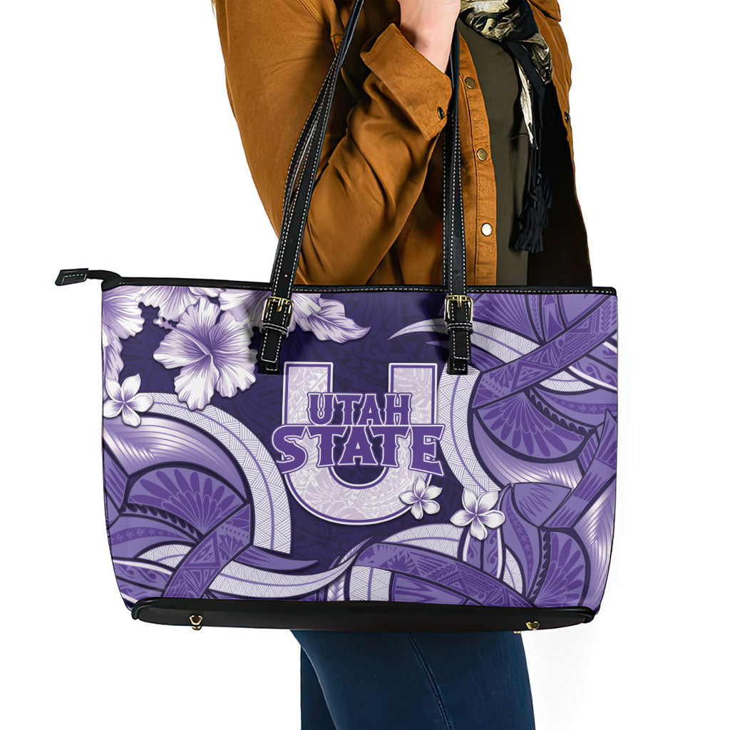 Utah State Polynesian Heritage Leather Tote Bag Floral Tribal Pattern Tropical Flowers