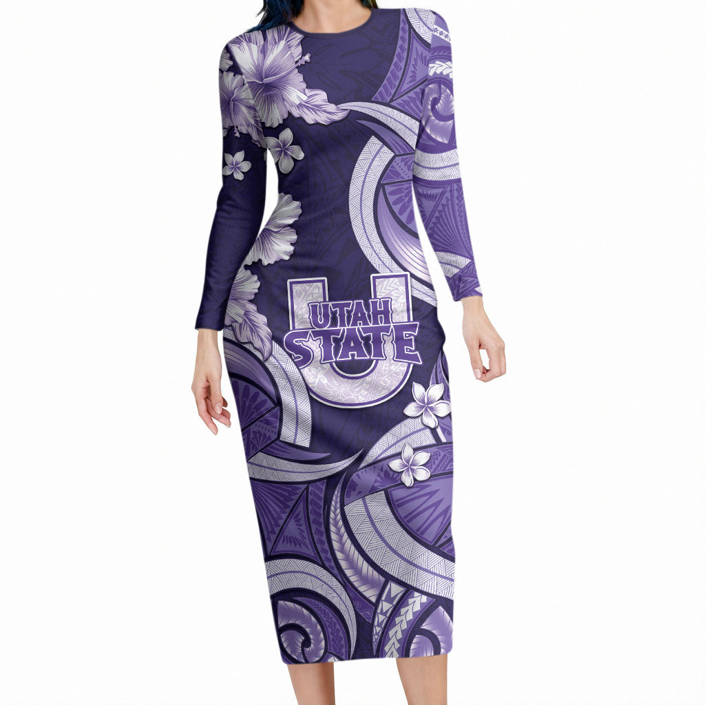 Utah State Polynesian Heritage Long Sleeve Bodycon Dress Floral Tribal Pattern Tropical Flowers
