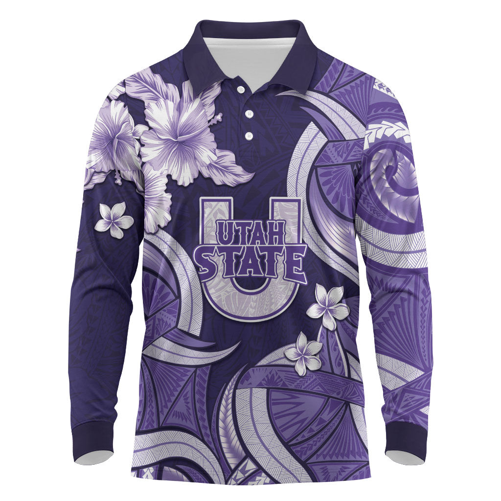 Utah State Polynesian Heritage Long Sleeve Polo Shirt Floral Tribal Pattern Tropical Flowers