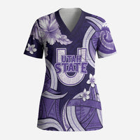 Utah State Polynesian Heritage Scrub Top Floral Tribal Pattern Tropical Flowers LT05 Adult Purple - Polynesian Pride