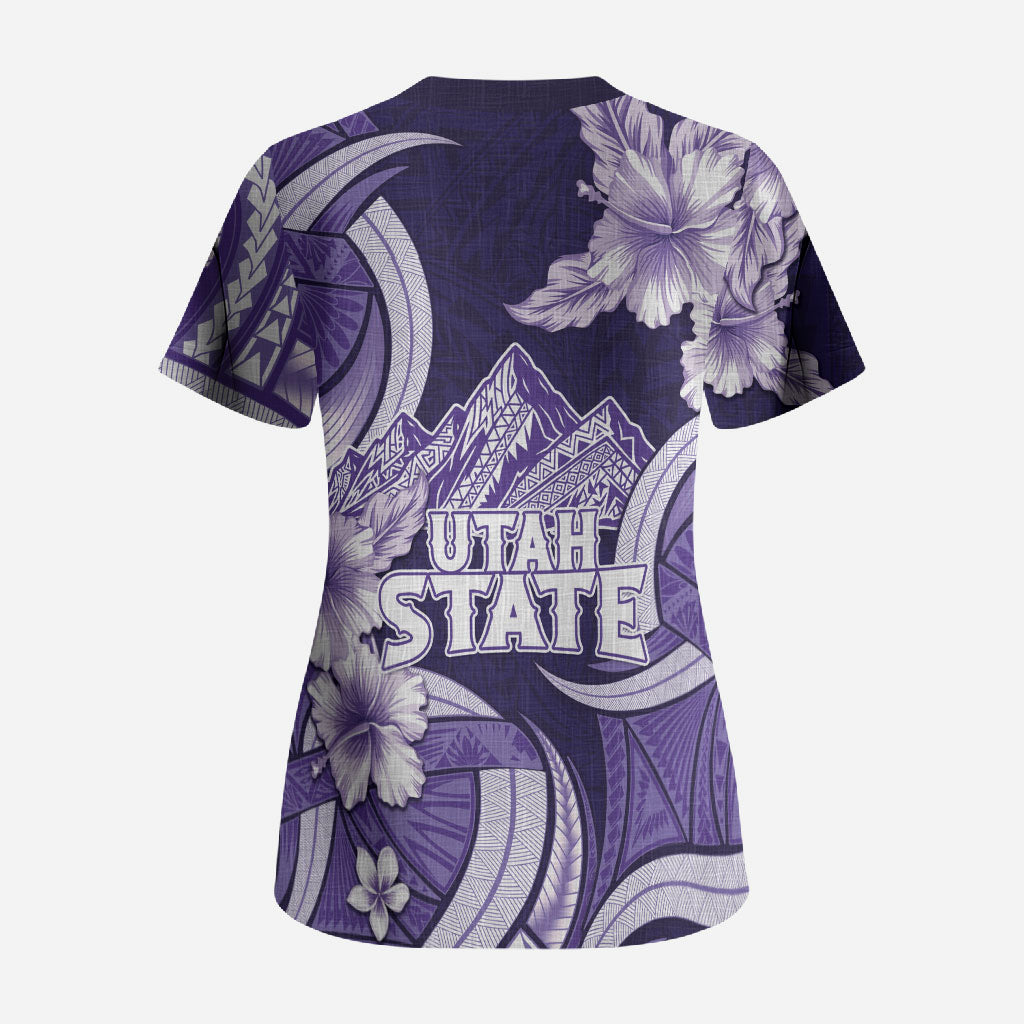Utah State Polynesian Heritage Scrub Top Floral Tribal Pattern Tropical Flowers LT05 - Polynesian Pride