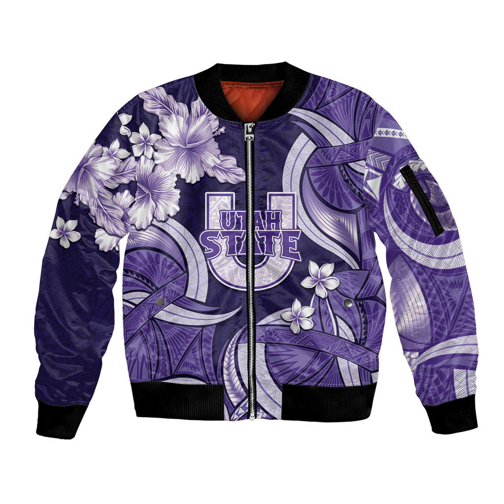 Utah State Polynesian Heritage Sleeve Zip Bomber Jacket Floral Tribal Pattern Tropical Flowers LT05 Unisex Purple - Polynesian Pride