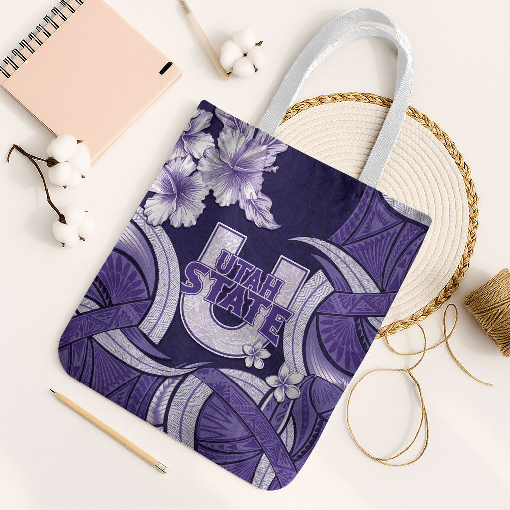 Utah State Polynesian Heritage Tote Bag Floral Tribal Pattern Tropical Flowers LT05 White Strap One Size Purple - Polynesian Pride