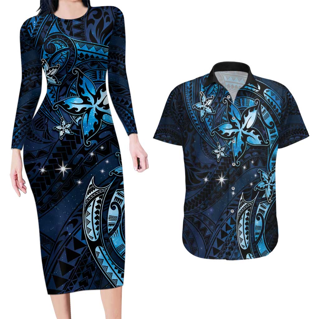 Hawaii Makahiki Season Couples Matching Long Sleeve Bodycon Dress and Hawaiian Shirt Floral Tribal Tattoo Blue Galaxy