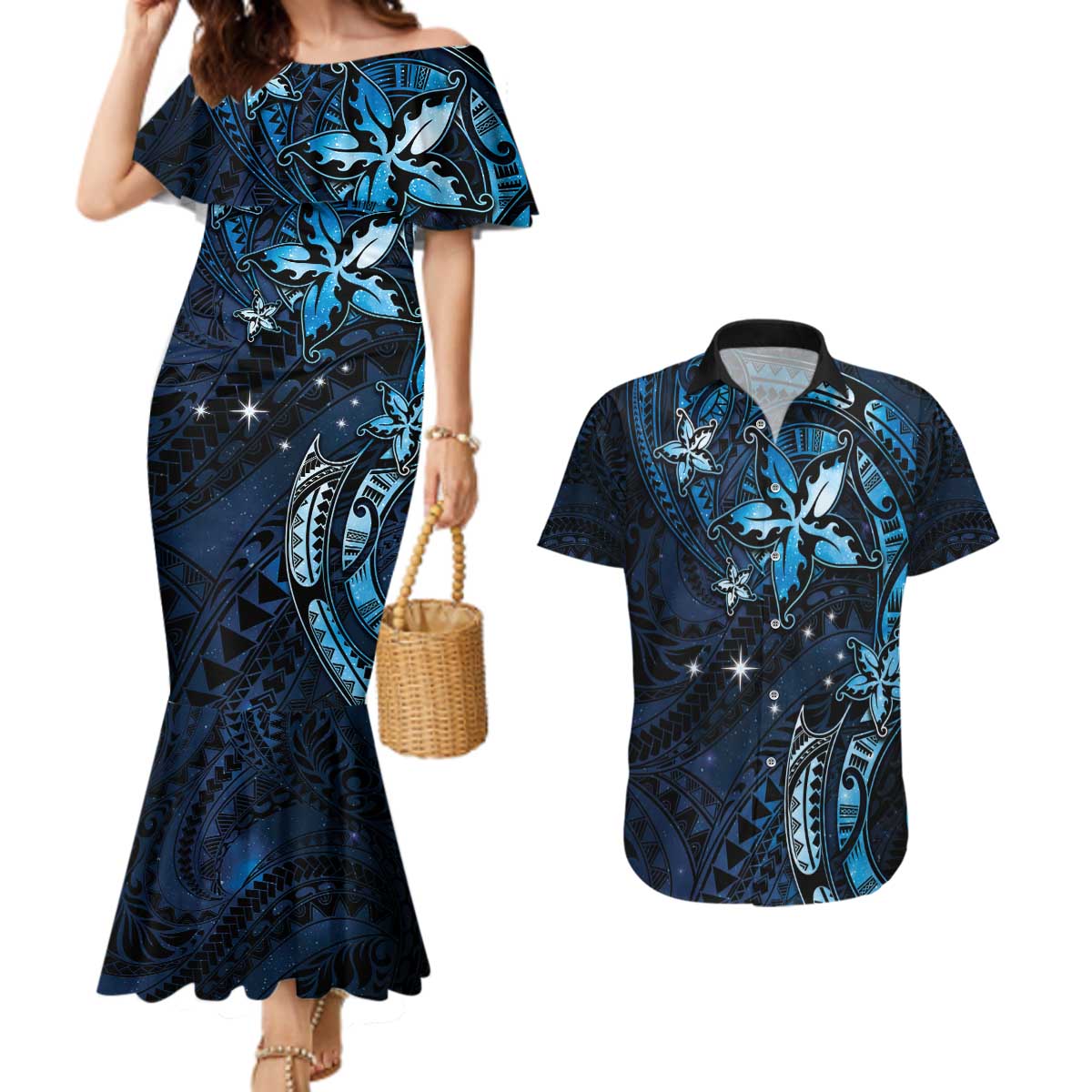 Hawaii Makahiki Season Couples Matching Mermaid Dress and Hawaiian Shirt Floral Tribal Tattoo Blue Galaxy