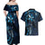 Hawaii Makahiki Season Couples Matching Off Shoulder Maxi Dress and Hawaiian Shirt Floral Tribal Tattoo Blue Galaxy