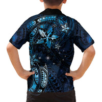 Hawaii Makahiki Season Family Matching Off Shoulder Short Dress and Hawaiian Shirt Floral Tribal Tattoo Blue Galaxy