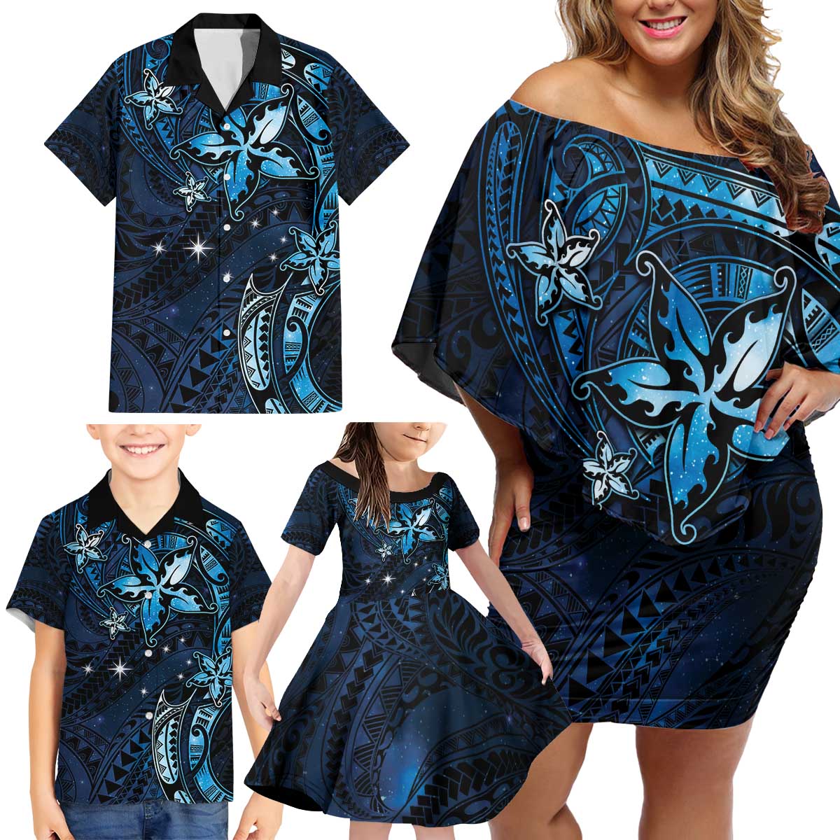 Hawaii Makahiki Season Family Matching Off Shoulder Short Dress and Hawaiian Shirt Floral Tribal Tattoo Blue Galaxy