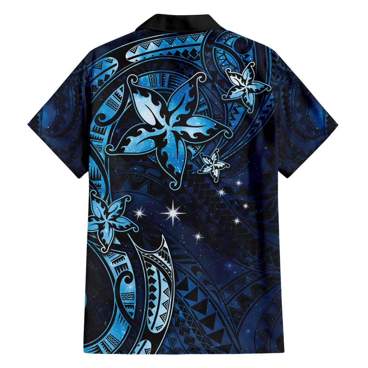 Hawaii Makahiki Season Family Matching Off Shoulder Short Dress and Hawaiian Shirt Floral Tribal Tattoo Blue Galaxy