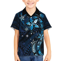Hawaii Makahiki Season Family Matching Off Shoulder Short Dress and Hawaiian Shirt Floral Tribal Tattoo Blue Galaxy
