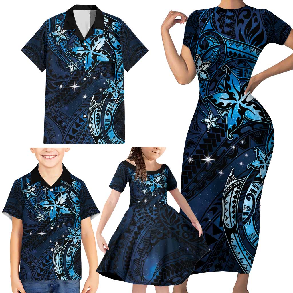 Hawaii Makahiki Season Family Matching Short Sleeve Bodycon Dress and Hawaiian Shirt Floral Tribal Tattoo Blue Galaxy