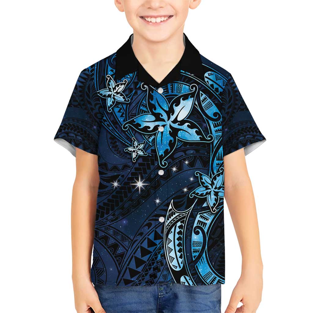 Hawaii Makahiki Season Family Matching Summer Maxi Dress and Hawaiian Shirt Floral Tribal Tattoo Blue Galaxy
