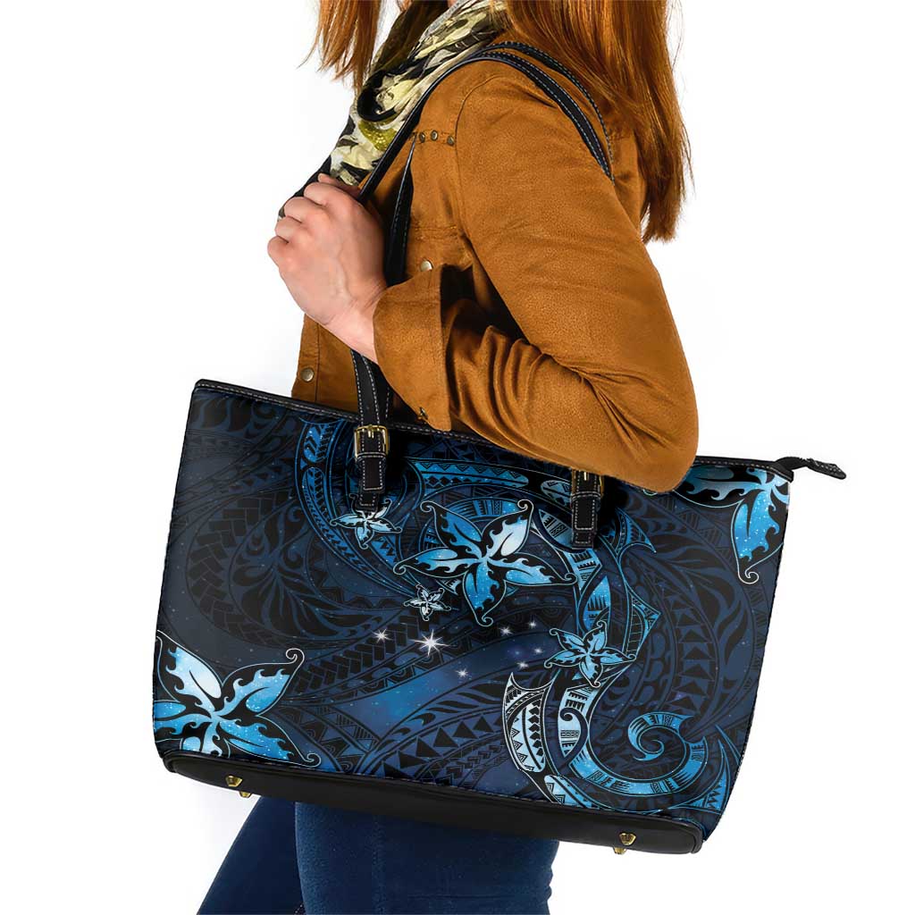 Hawaii Makahiki Season Leather Tote Bag Floral Tribal Tattoo Blue Galaxy