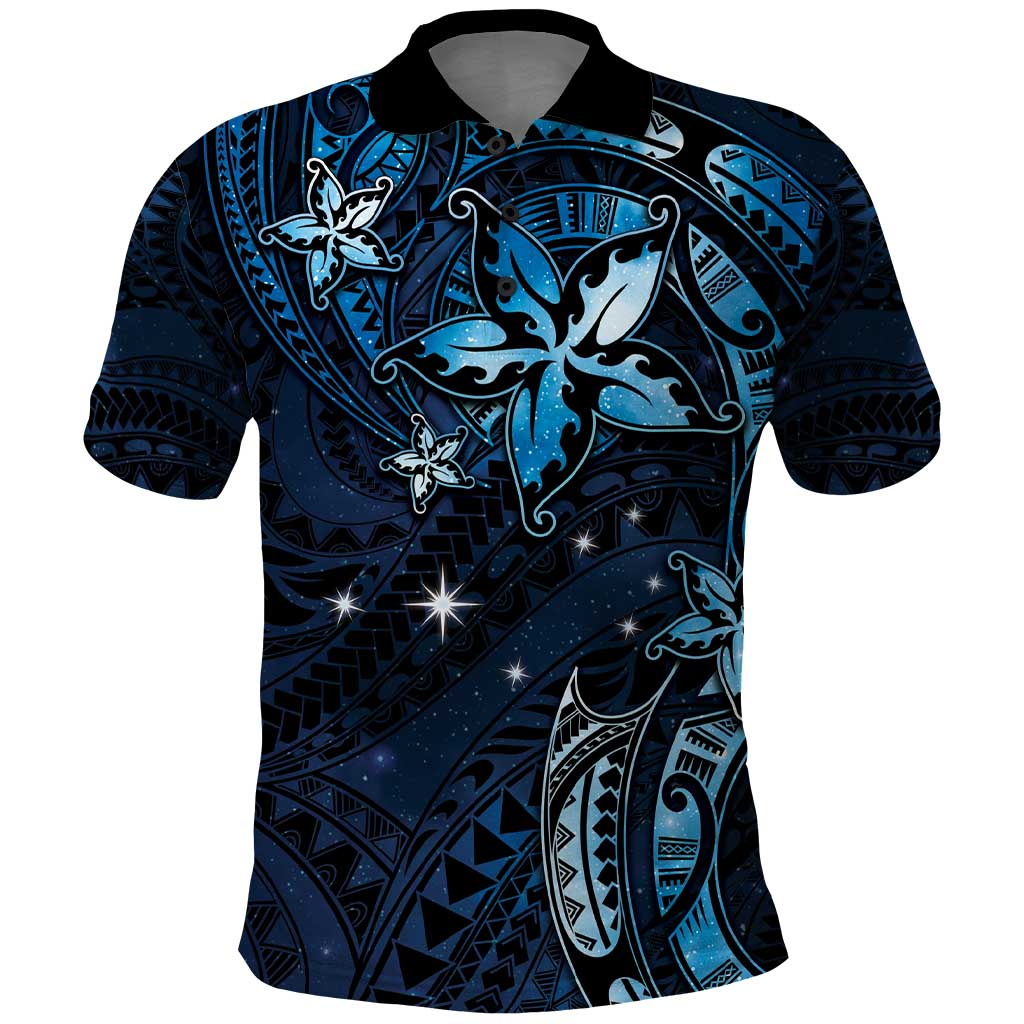 Hawaii Makahiki Season Polo Shirt Floral Tribal Tattoo Blue Galaxy