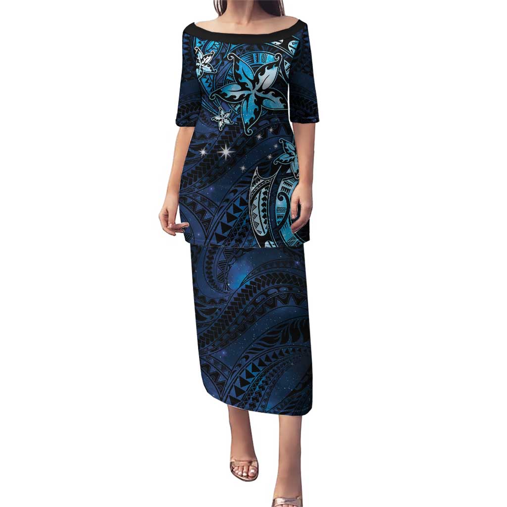 Hawaii Makahiki Season Puletasi Floral Tribal Tattoo Blue Galaxy LT05 Long Dress Blue - Polynesian Pride