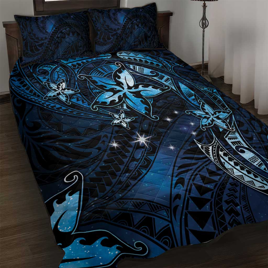 Hawaii Makahiki Season Quilt Bed Set Floral Tribal Tattoo Blue Galaxy