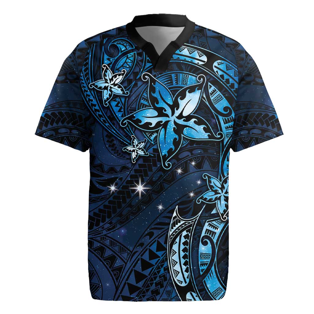Hawaii Makahiki Season Rugby Jersey Floral Tribal Tattoo Blue Galaxy LT05 Blue - Polynesian Pride