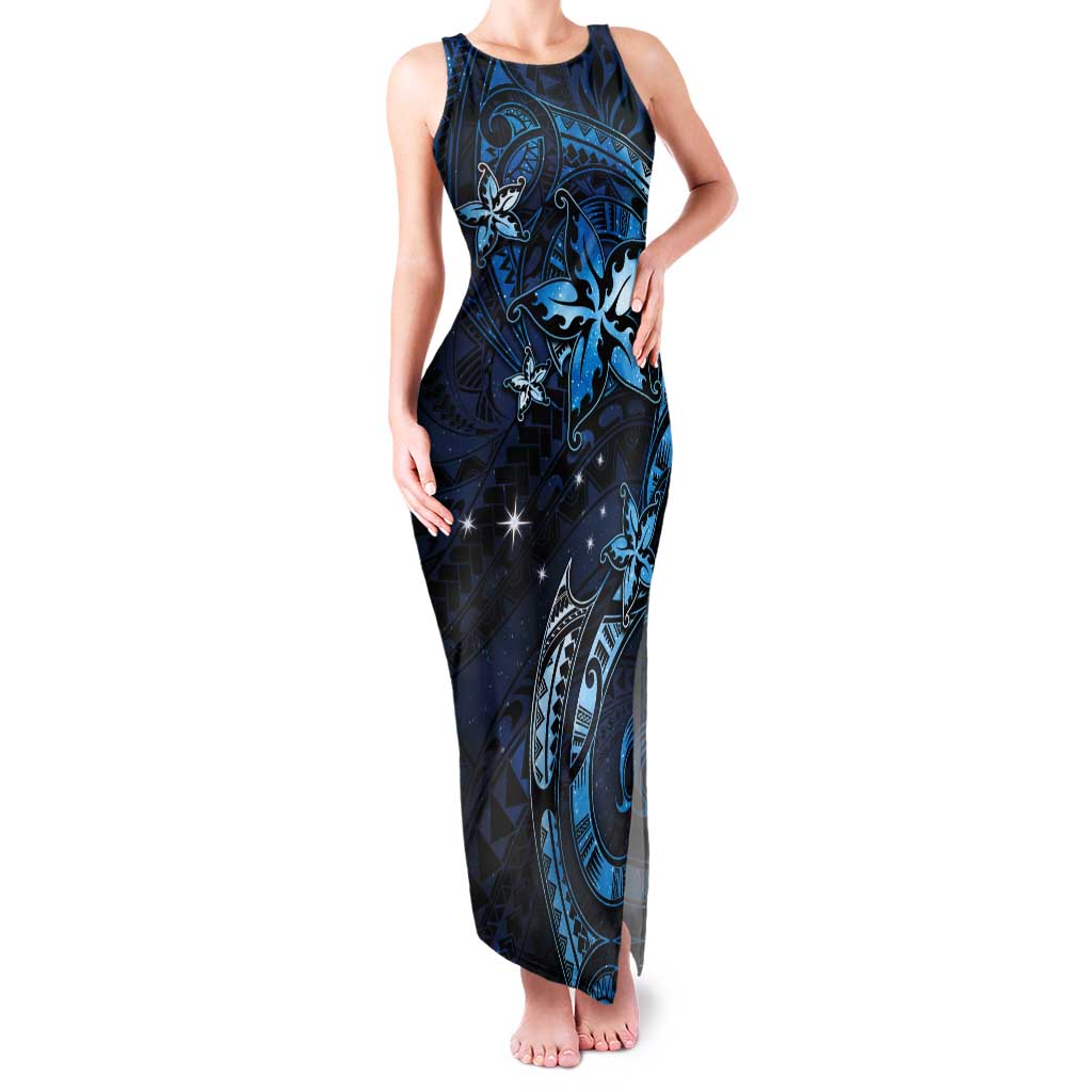 Hawaii Makahiki Season Tank Maxi Dress Floral Tribal Tattoo Blue Galaxy LT05 Women Blue - Polynesian Pride