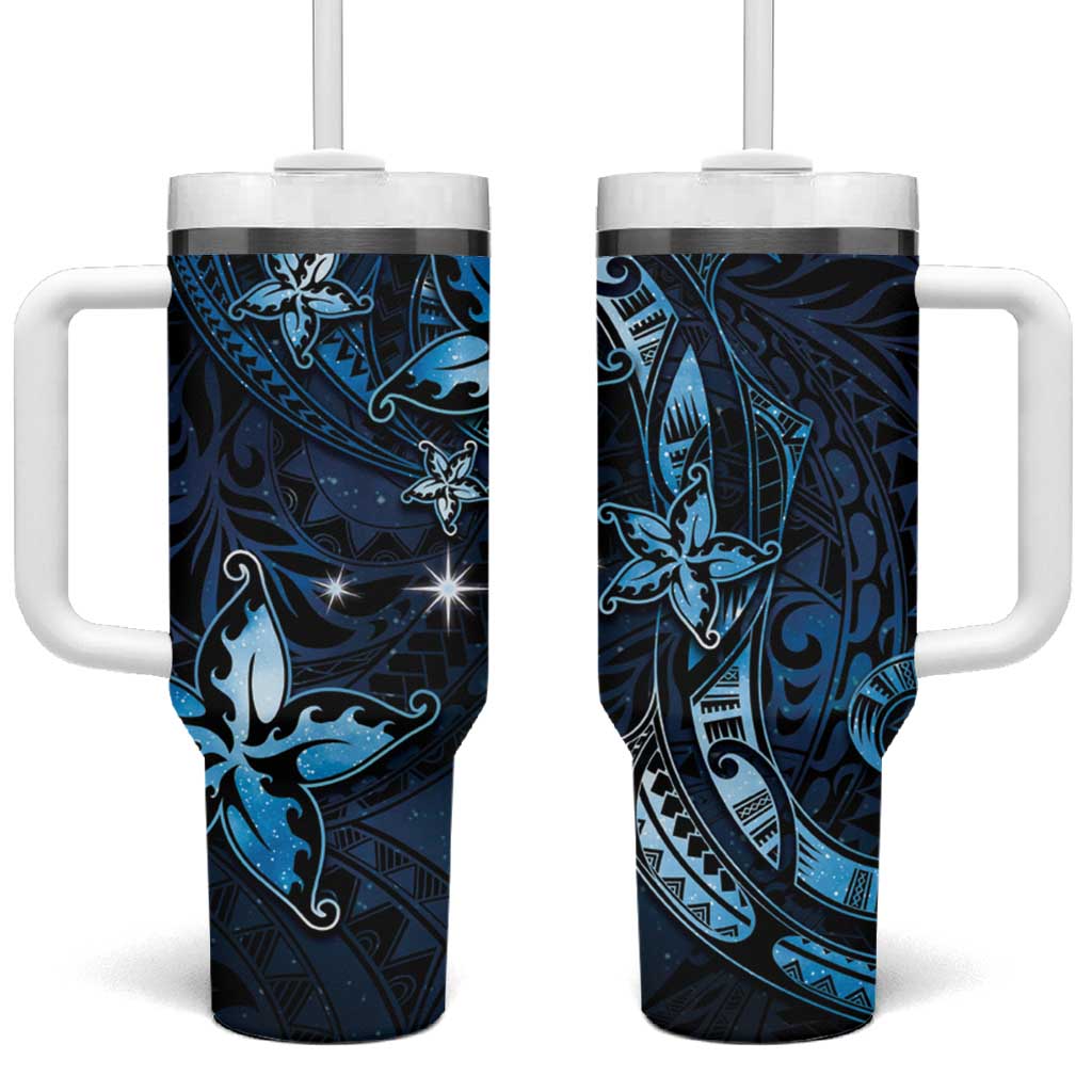 Hawaii Makahiki Season Tumbler With Handle Floral Tribal Tattoo Blue Galaxy