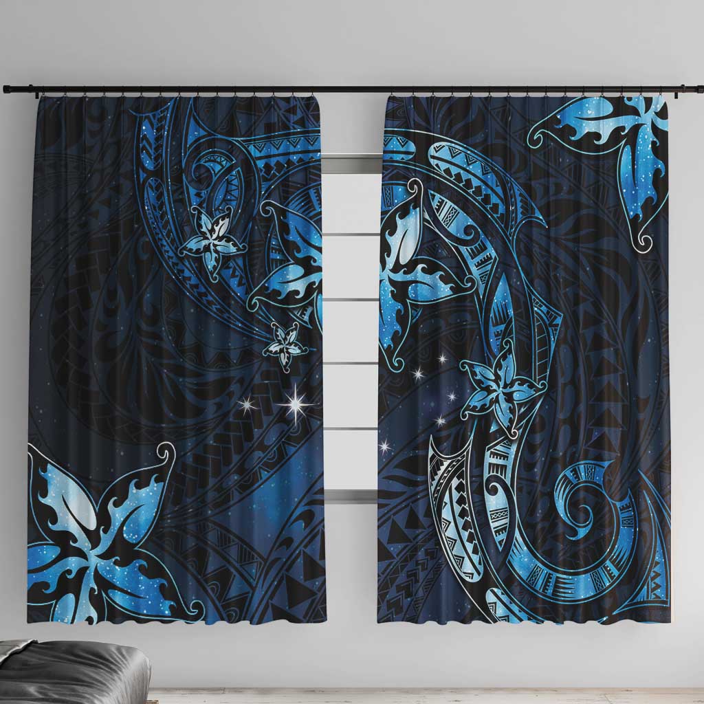 Hawaii Makahiki Season Window Curtain Floral Tribal Tattoo Blue Galaxy LT05 With Hooks Blue - Polynesian Pride