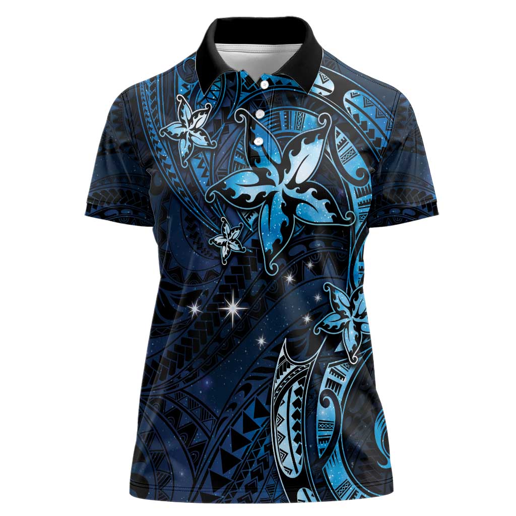 Hawaii Makahiki Season Women Polo Shirt Floral Tribal Tattoo Blue Galaxy