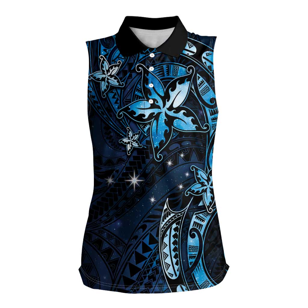 Hawaii Makahiki Season Women Sleeveless Polo Shirt Floral Tribal Tattoo Blue Galaxy