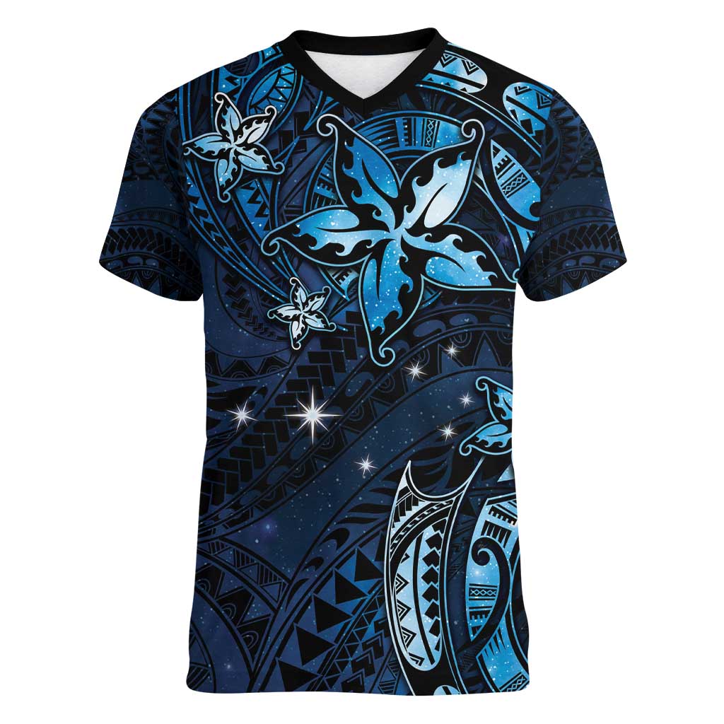Hawaii Makahiki Season Women V-Neck T-Shirt Floral Tribal Tattoo Blue Galaxy LT05 Female Blue - Polynesian Pride