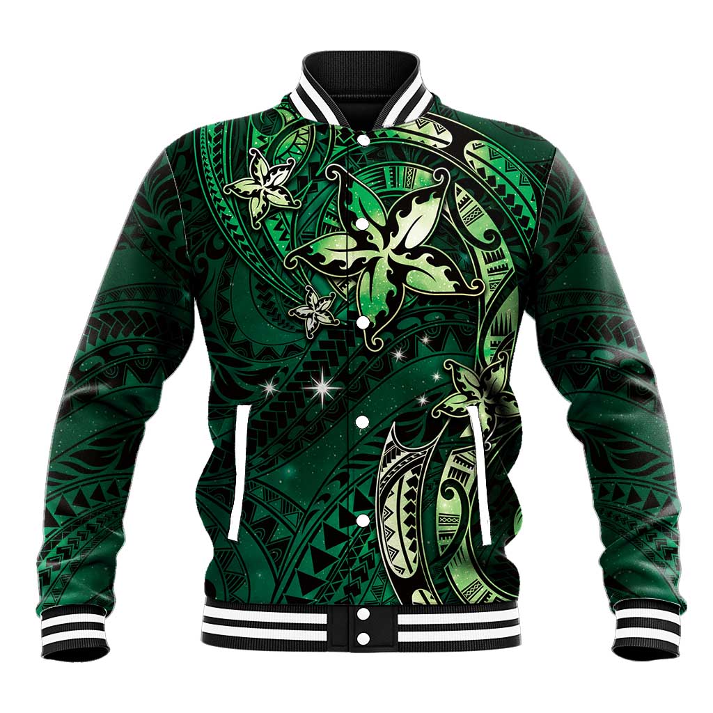 Hawaii Makahiki Season Baseball Jacket Floral Tribal Tattoo Green Galaxy LT05 Unisex Green - Polynesian Pride