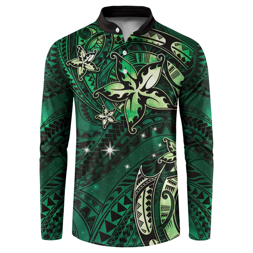 Hawaii Makahiki Season Button Sweatshirt Floral Tribal Tattoo Green Galaxy LT05 Green - Polynesian Pride