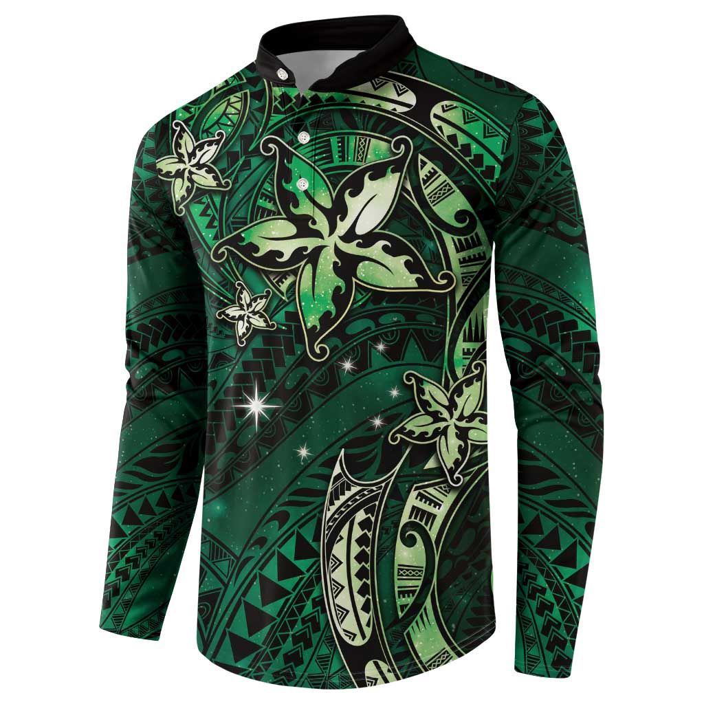 Hawaii Makahiki Season Button Sweatshirt Floral Tribal Tattoo Green Galaxy LT05 - Polynesian Pride