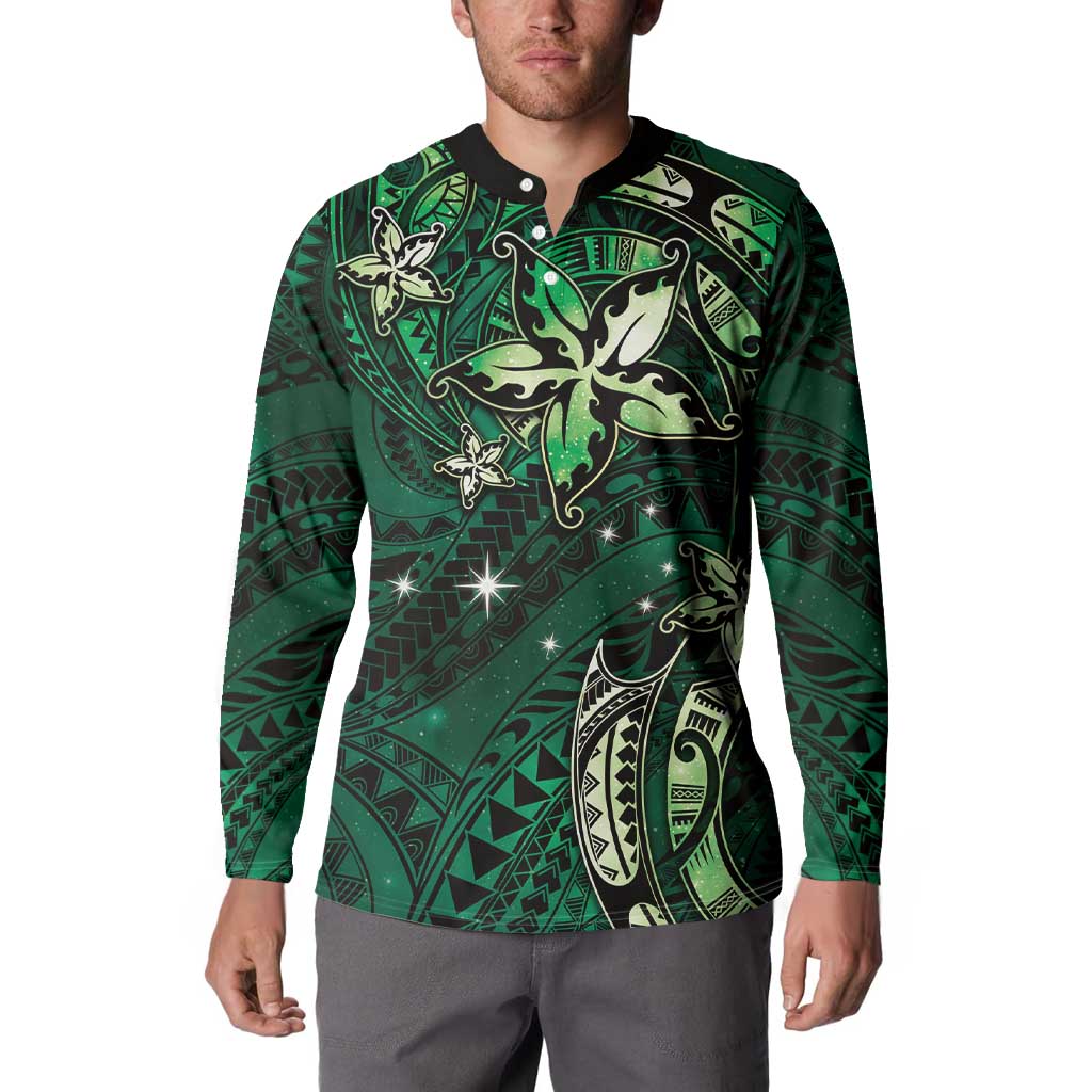 Hawaii Makahiki Season Button Sweatshirt Floral Tribal Tattoo Green Galaxy LT05 - Polynesian Pride