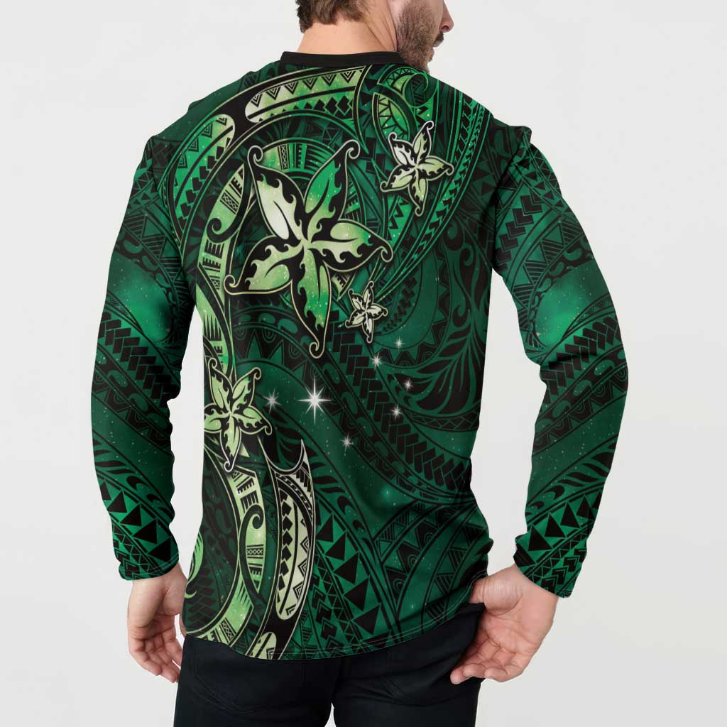 Hawaii Makahiki Season Button Sweatshirt Floral Tribal Tattoo Green Galaxy LT05 - Polynesian Pride