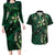 Hawaii Makahiki Season Couples Matching Long Sleeve Bodycon Dress and Hawaiian Shirt Floral Tribal Tattoo Green Galaxy