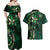 Hawaii Makahiki Season Couples Matching Off Shoulder Maxi Dress and Hawaiian Shirt Floral Tribal Tattoo Green Galaxy