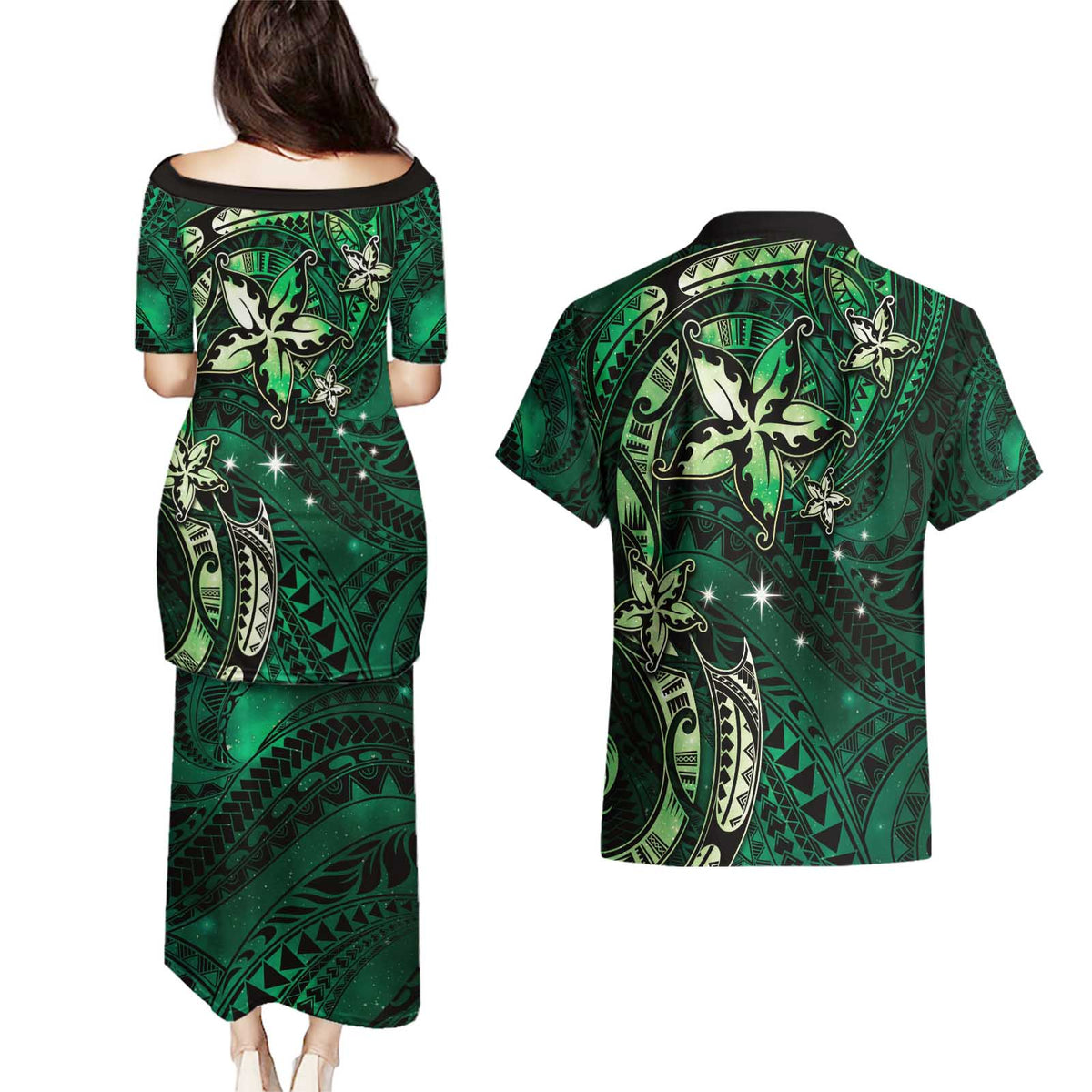 Hawaii Makahiki Season Couples Matching Puletasi and Hawaiian Shirt Floral Tribal Tattoo Green Galaxy