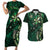 Hawaii Makahiki Season Couples Matching Short Sleeve Bodycon Dress and Hawaiian Shirt Floral Tribal Tattoo Green Galaxy