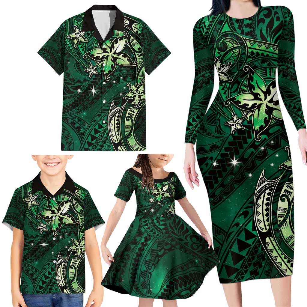 Hawaii Makahiki Season Family Matching Long Sleeve Bodycon Dress and Hawaiian Shirt Floral Tribal Tattoo Green Galaxy