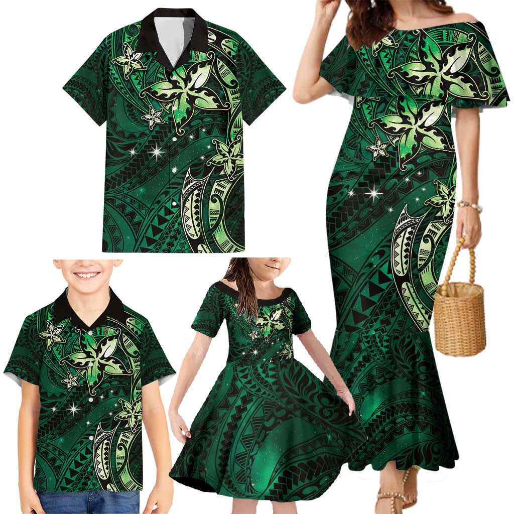 Hawaii Makahiki Season Family Matching Mermaid Dress and Hawaiian Shirt Floral Tribal Tattoo Green Galaxy