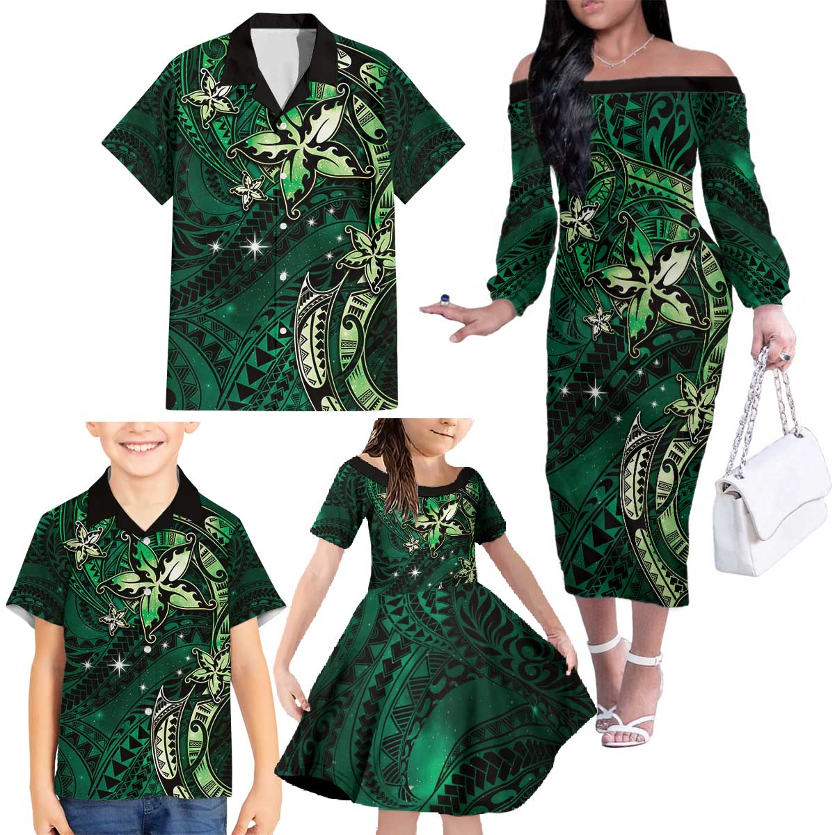 Hawaii Makahiki Season Family Matching Off The Shoulder Long Sleeve Dress and Hawaiian Shirt Floral Tribal Tattoo Green Galaxy