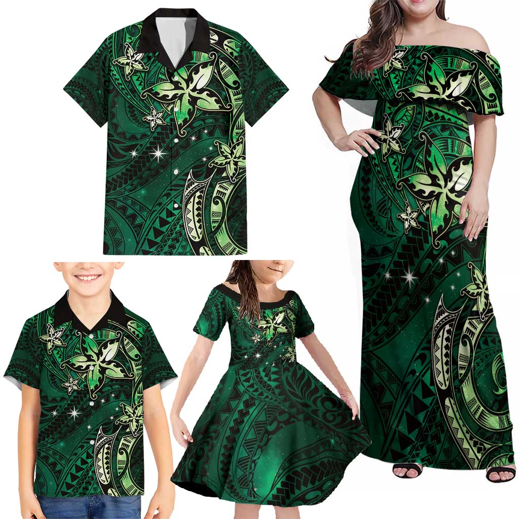 Hawaii Makahiki Season Family Matching Off Shoulder Maxi Dress and Hawaiian Shirt Floral Tribal Tattoo Green Galaxy LT05 - Polynesian Pride
