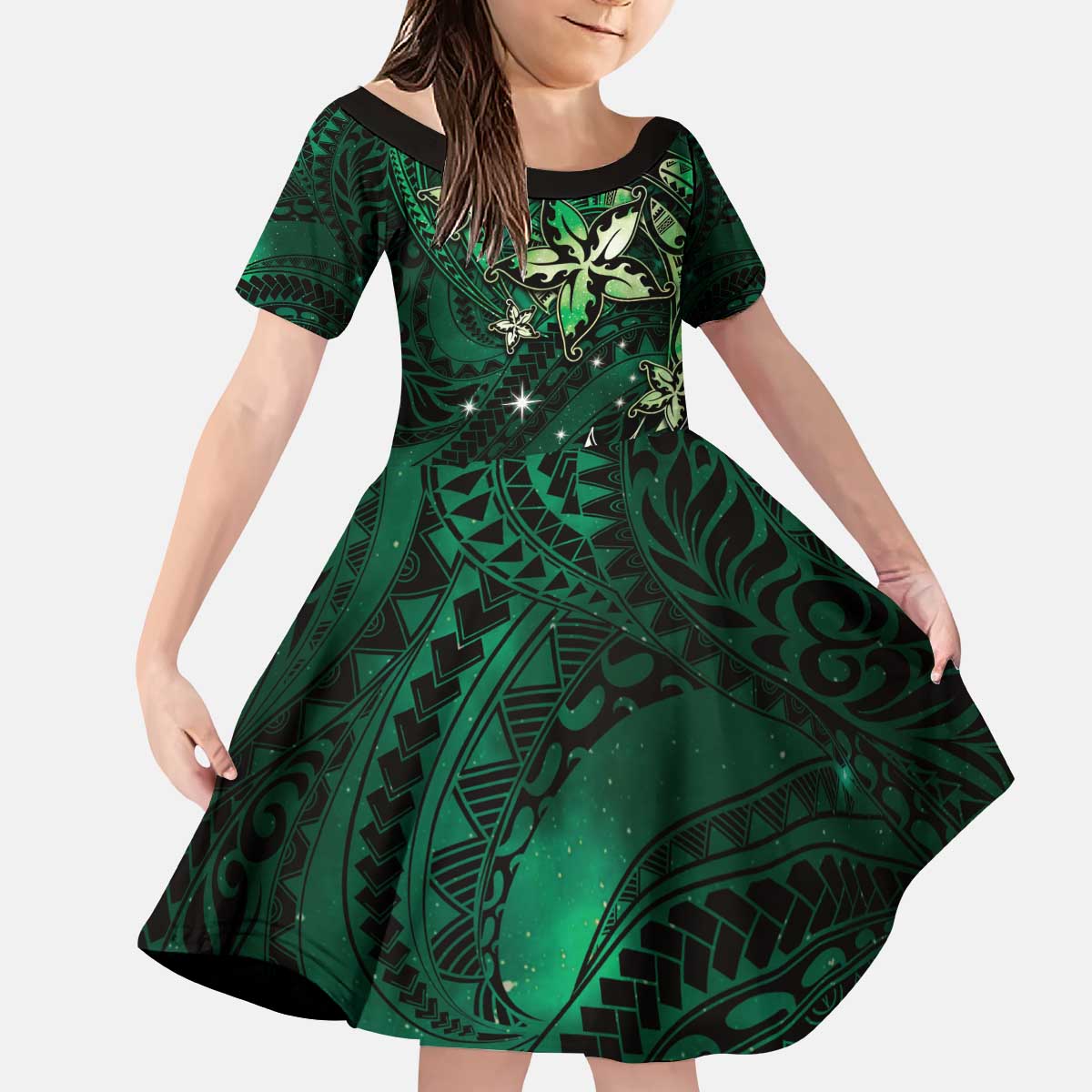 Hawaii Makahiki Season Family Matching Puletasi and Hawaiian Shirt Floral Tribal Tattoo Green Galaxy