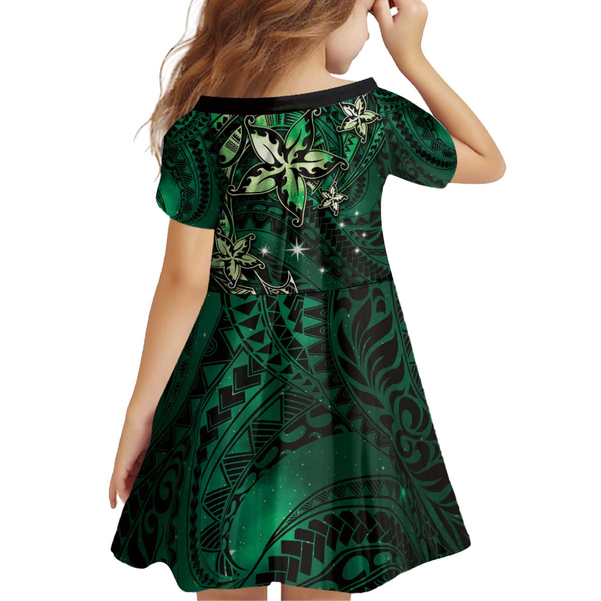 Hawaii Makahiki Season Family Matching Puletasi and Hawaiian Shirt Floral Tribal Tattoo Green Galaxy