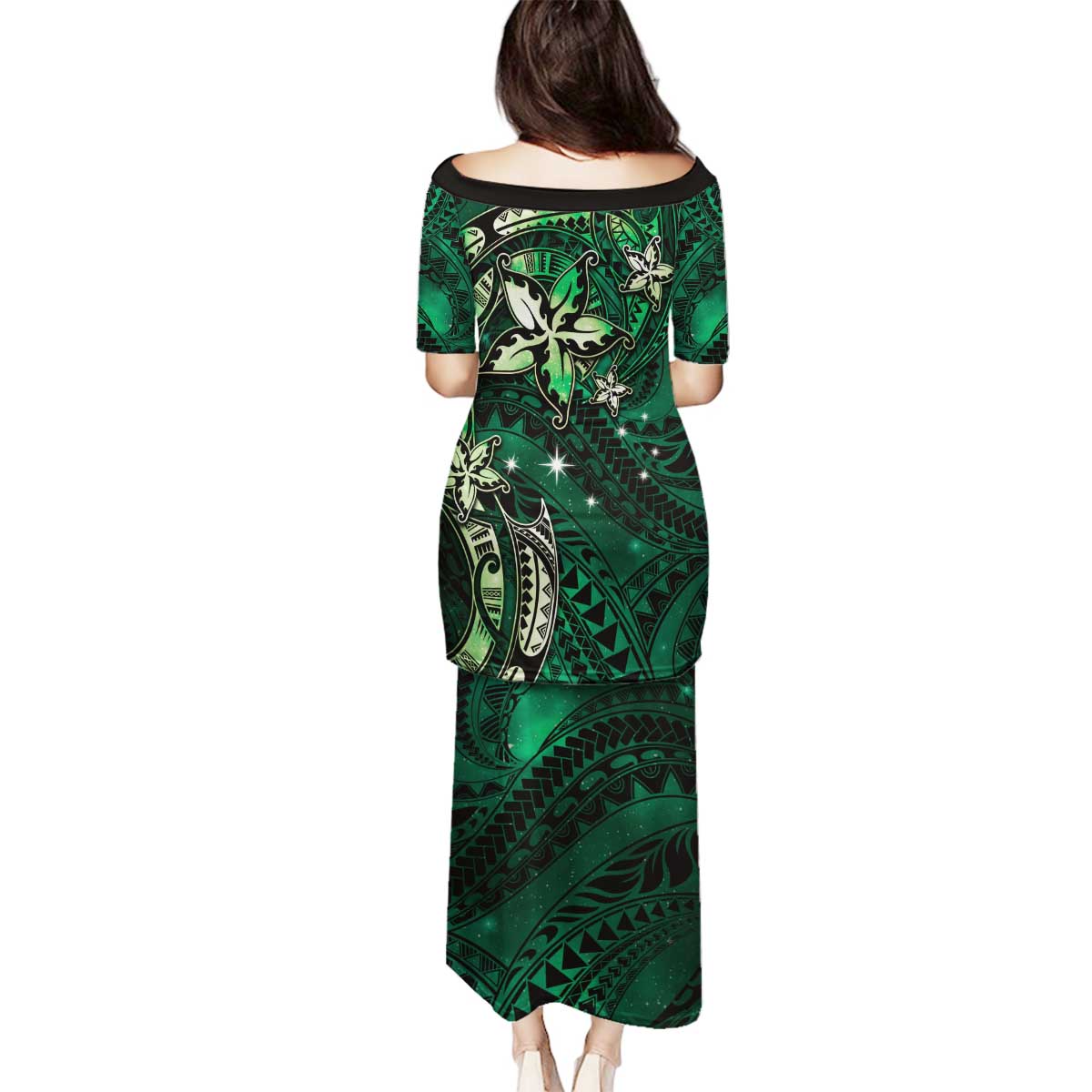 Hawaii Makahiki Season Family Matching Puletasi and Hawaiian Shirt Floral Tribal Tattoo Green Galaxy