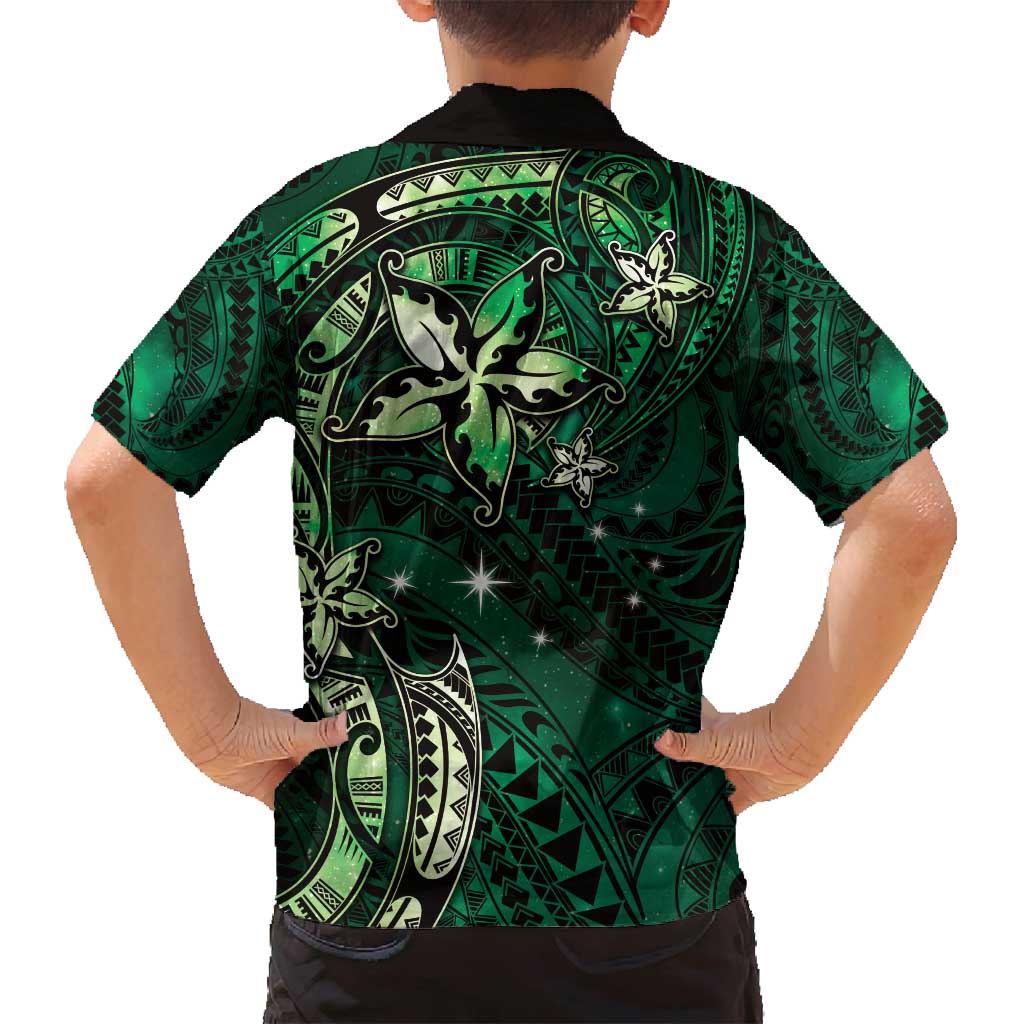 Hawaii Makahiki Season Family Matching Tank Maxi Dress and Hawaiian Shirt Floral Tribal Tattoo Green Galaxy