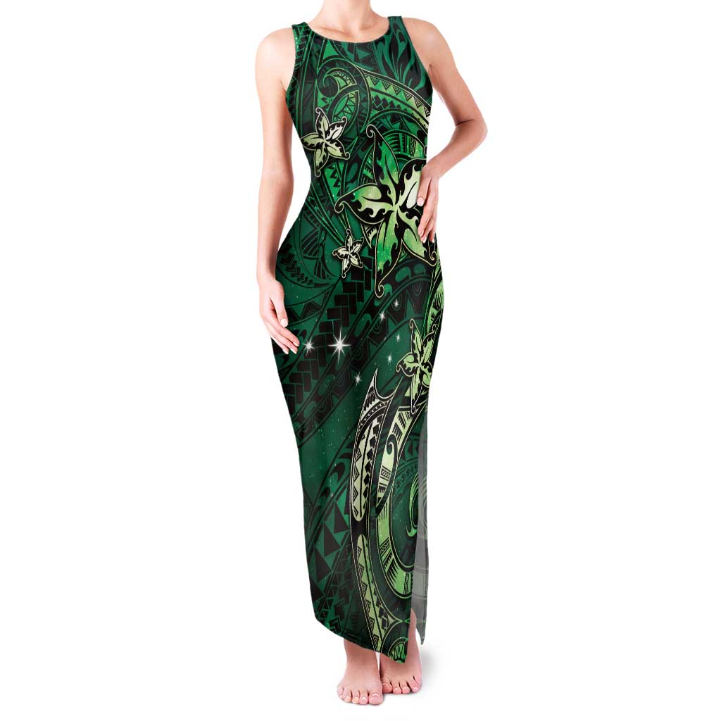 Hawaii Makahiki Season Family Matching Tank Maxi Dress and Hawaiian Shirt Floral Tribal Tattoo Green Galaxy