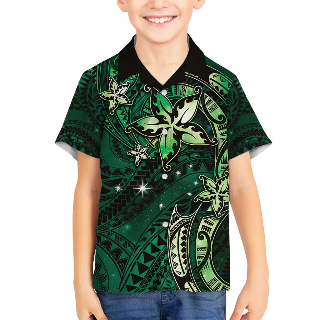 Hawaii Makahiki Season Family Matching Tank Maxi Dress and Hawaiian Shirt Floral Tribal Tattoo Green Galaxy