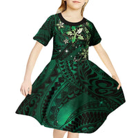 Hawaii Makahiki Season Kid Short Sleeve Dress Floral Tribal Tattoo Green Galaxy